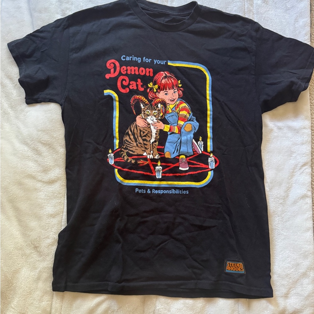 Caring for Your Demon Cat Graphic Tee - M Black with Red & Yellow Print